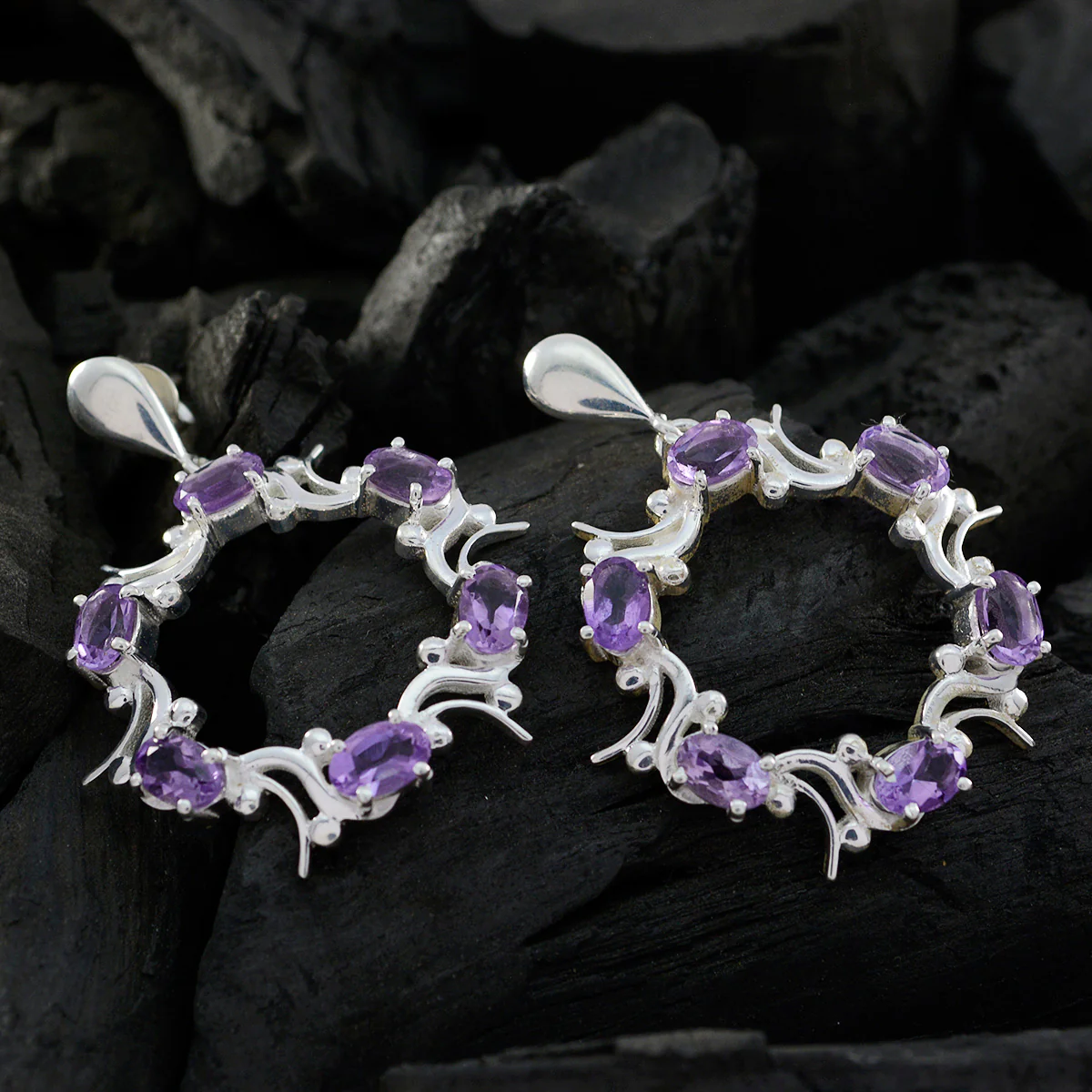 Amethyst African Inès multiple Stud Purple 925 Silver Earring - Image 2