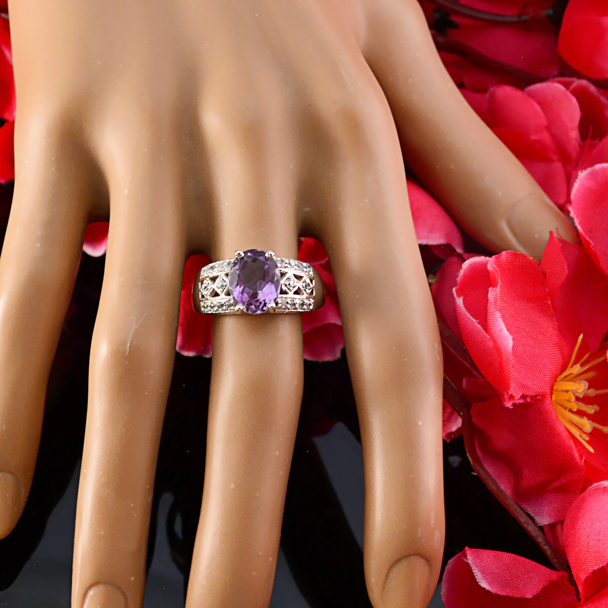 Amethyst Halo African 92.5 Silver Purple Gems Classic Boho Ring Jewellery - Image 6