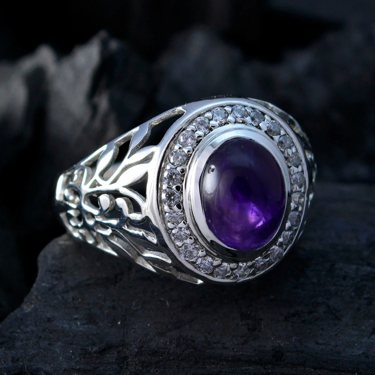 Amethyst Halo African 925 Silver Purple Gemstone Classic Sophisticated Ring Jewellery - Image 4