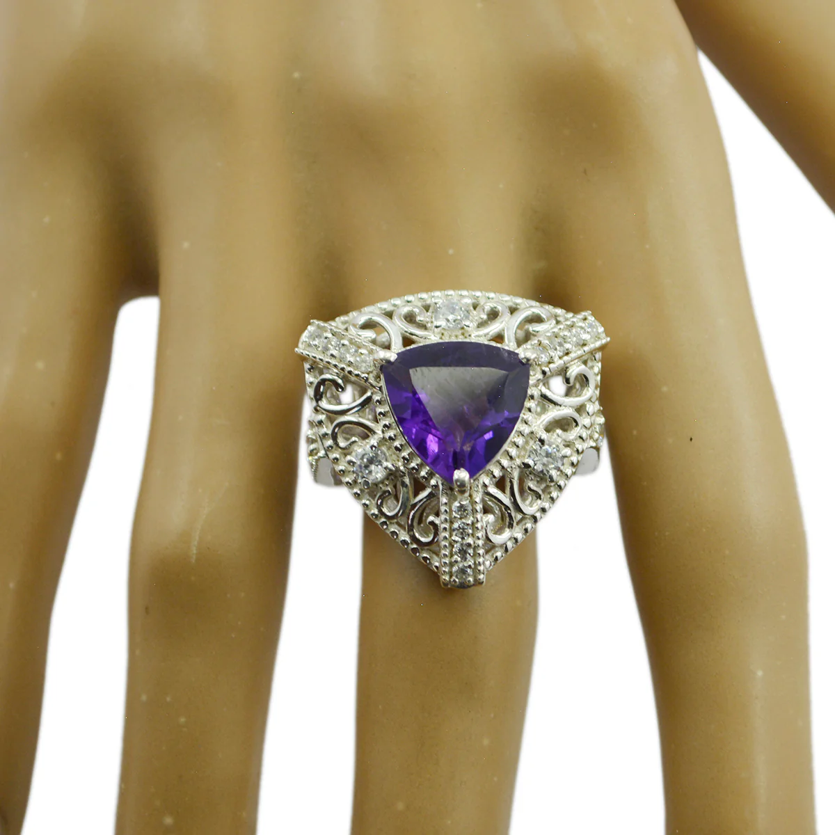 Amethyst Halo Egyptian 925 Sterling Silver Purple Gems Statement Filigree Ring Jewelry - Image 3