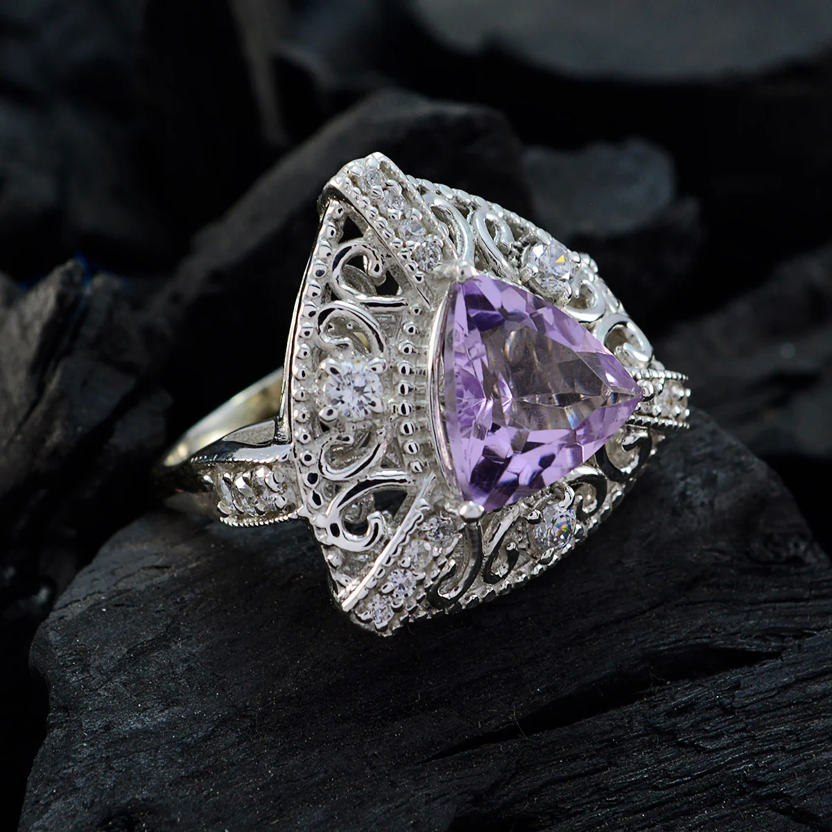 Amethyst Halo Egyptian 925 Sterling Silver Purple Gems Statement Filigree Ring Jewelry - Image 5