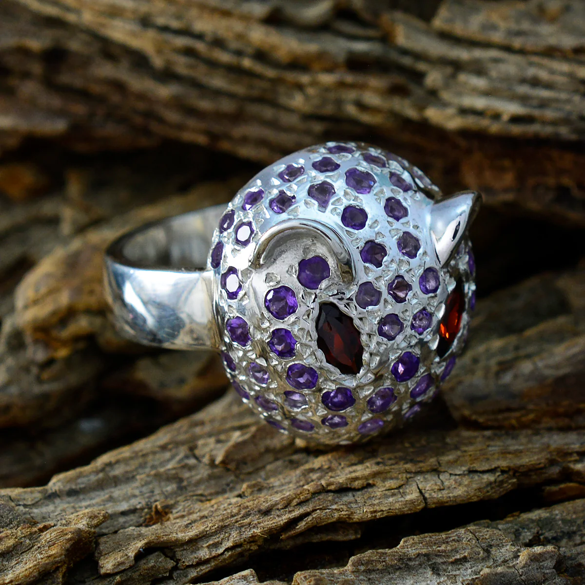 Amethyst Halo Egyptian 925 Sterling Silver Purple Gemstones Eye-catching Abstract Ring Jewelry - Image 4
