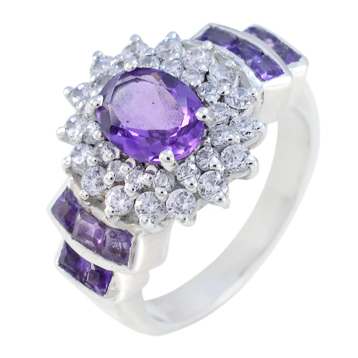 Amethyst Halo Egyptian Silver Purple Gems Mid-weight Boho Ring Jewellery