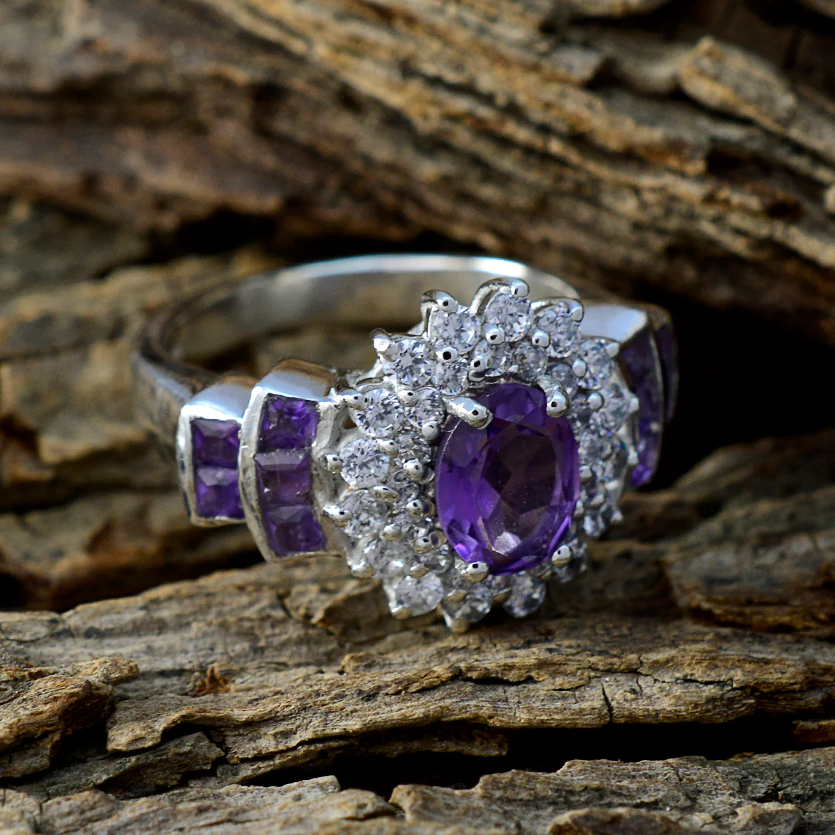 Amethyst Halo Egyptian Silver Purple Gems Mid-weight Boho Ring Jewellery - Image 3
