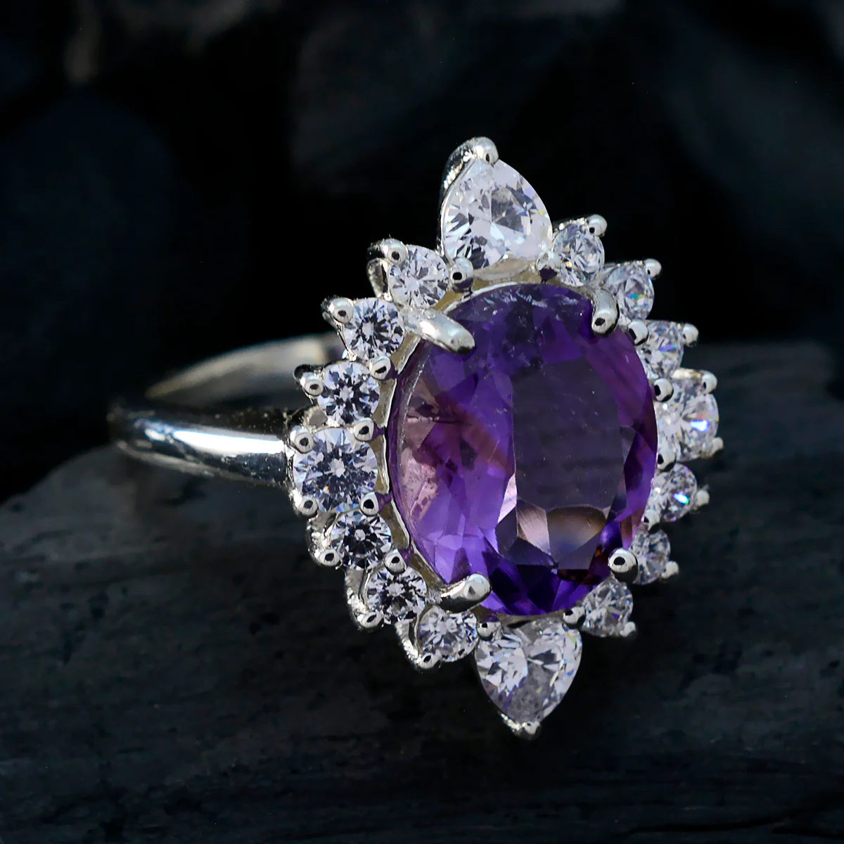 Amethyst Halo French Sterling Silver Purple Gemstone Eye-catching Trendy Ring Jewellery - Image 4