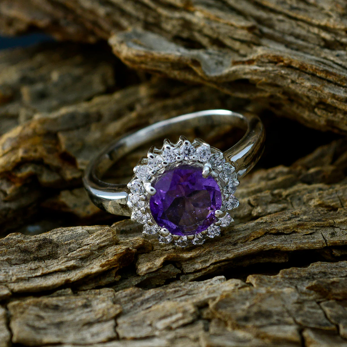 Amethyst Halo German 925 Silver Purple Gemstones Featherlight Romantic Ring Jewellery - Image 3