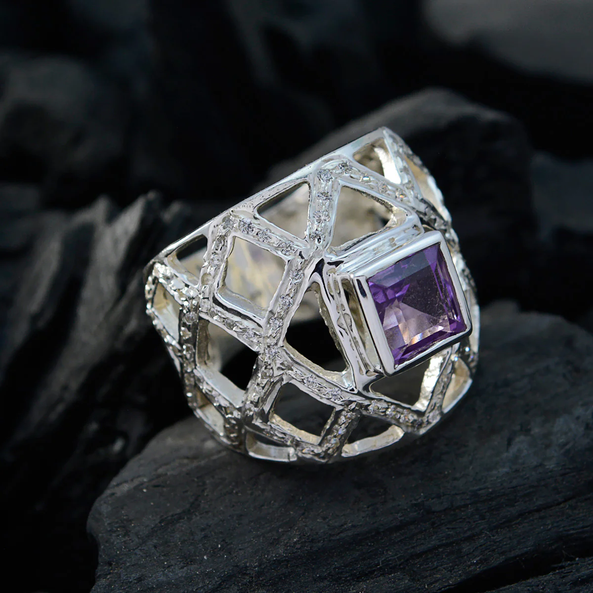 Amethyst Halo German Silver Purple Gemstones Essential Abstract Ring Jewellery - Image 4