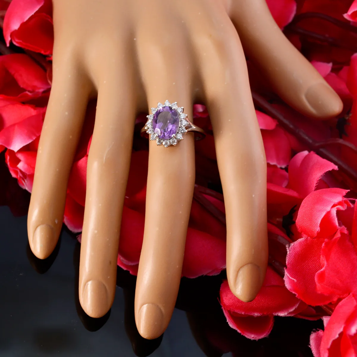 Amethyst Halo Indian 92.5 Silver Purple Gems Featherlight Abstract Ring Jewellery - Image 5