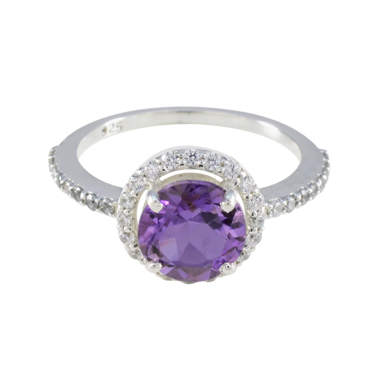 Amethyst Halo Indian 925 Silver Purple Gems Slim Sophisticated Ring Jewellery