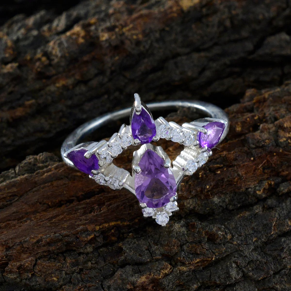Amethyst Halo Indian 925 Sterling Silver Purple Gemstones Featherlight Sophisticated Ring Jewelry - Image 3