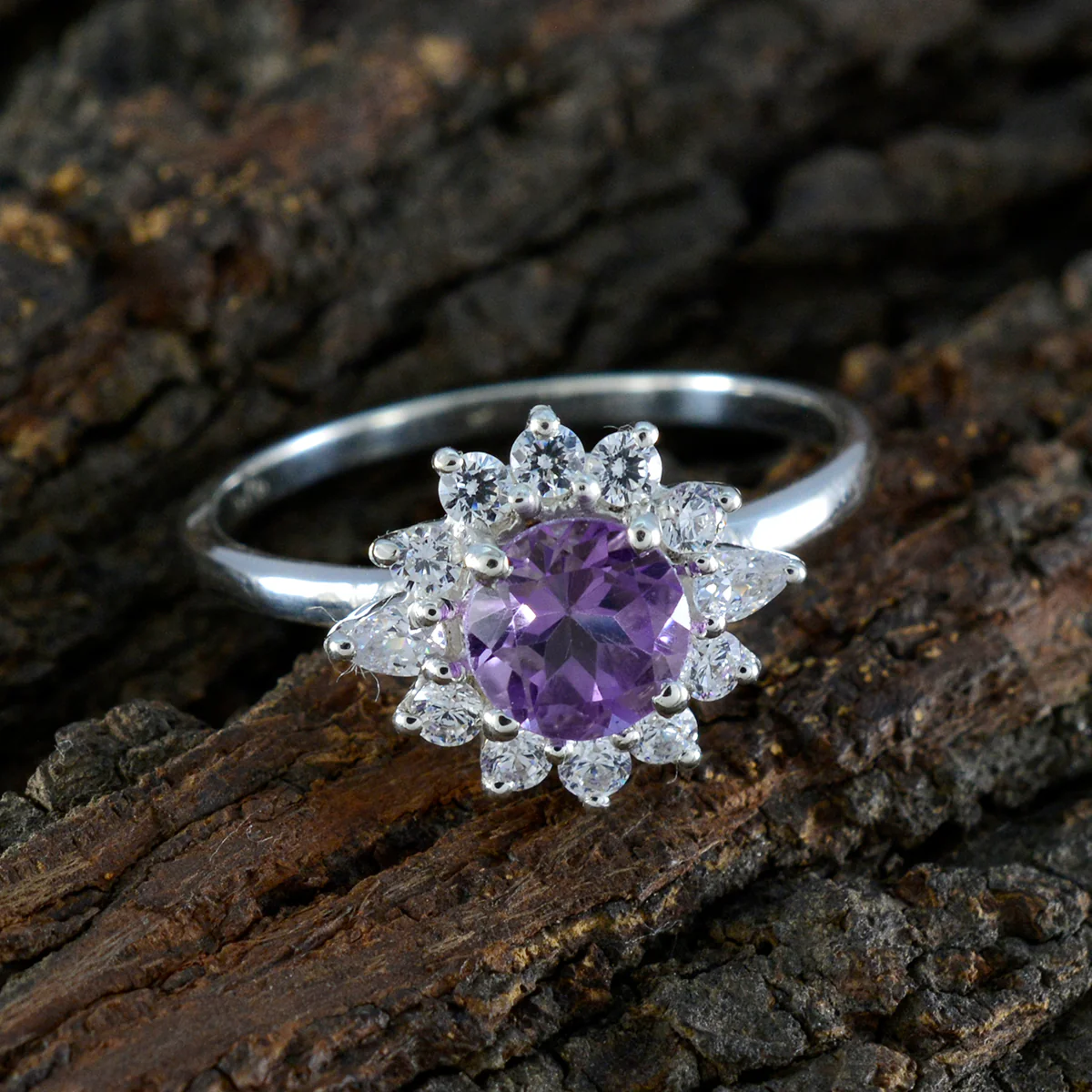 Amethyst Halo Japanese 925 Sterling Silver Purple Gemstone Delicate Trendy Ring Jewellery - Image 3