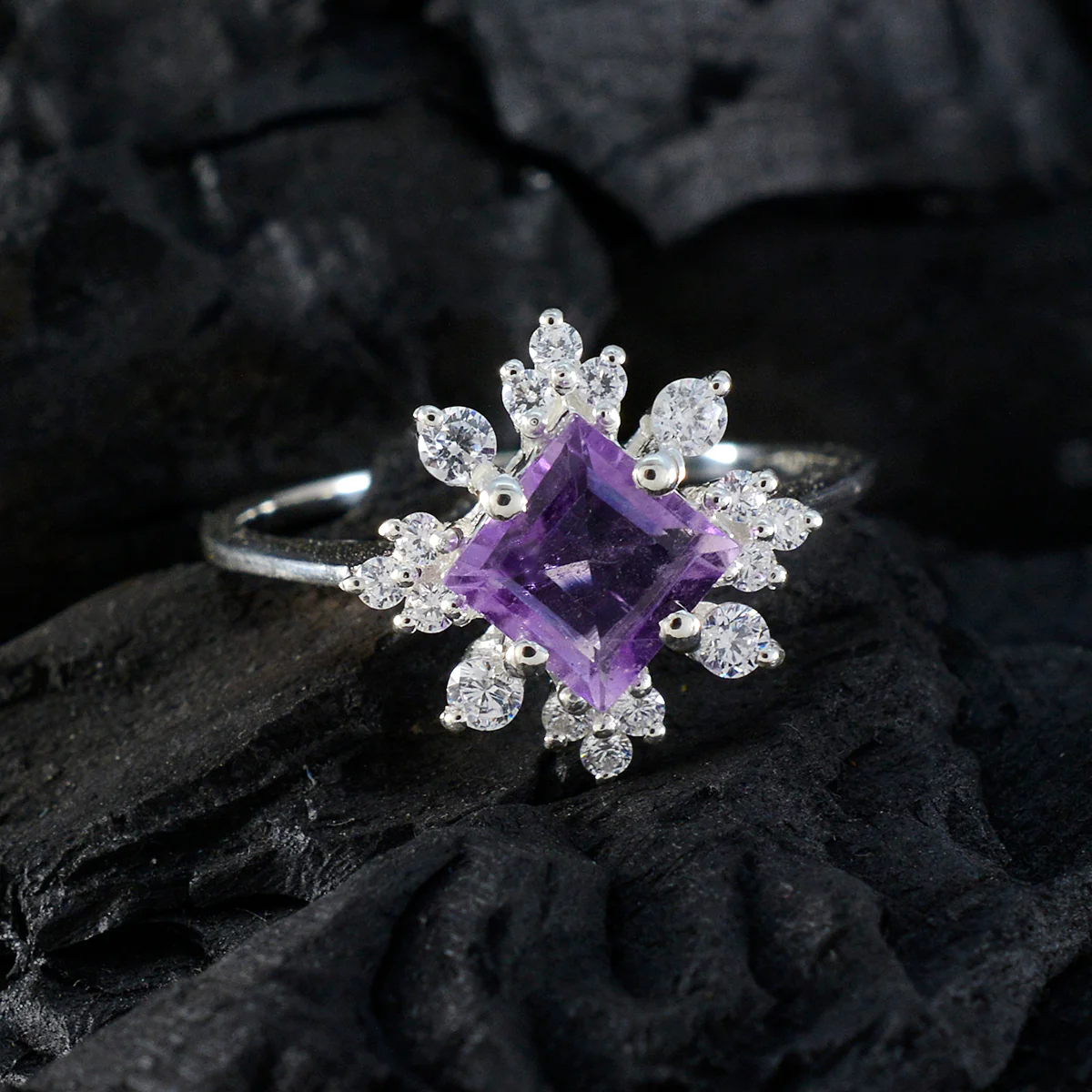 Amethyst Halo Japanese Sterling Silver Purple Gemstones Delicate Contemporary Ring Jewellery - Image 4