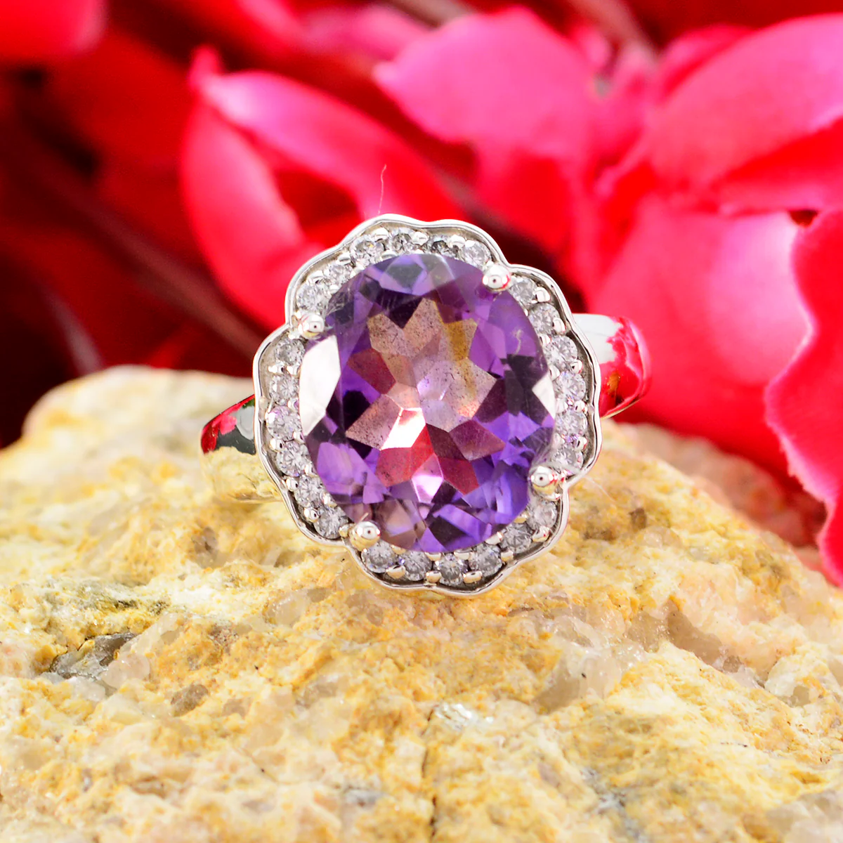 Amethyst Halo Russian 92.5 Silver Purple Gemstones Mid-weight Fairytale Ring Jewellery - Image 3