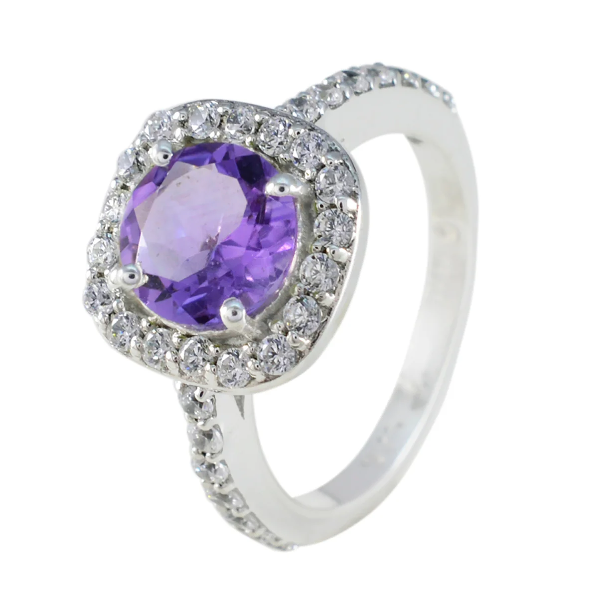 Amethyst Halo Russian 925 Sterling Silver Purple Gemstones Slim Contemporary Ring Jewellery - Image 2
