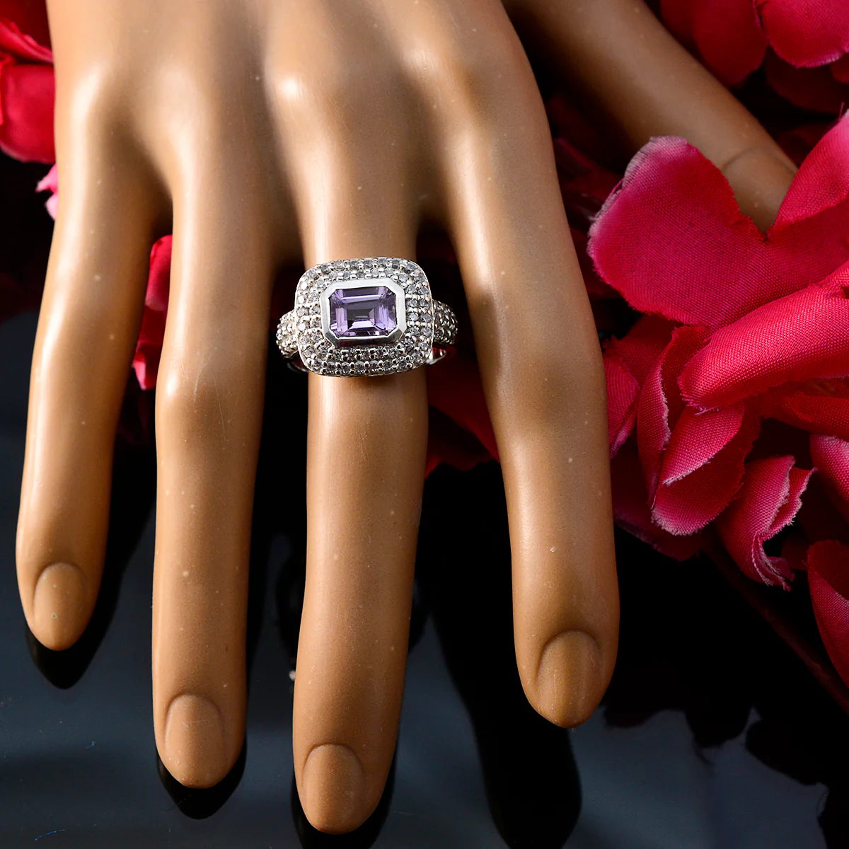 Amethyst Halo Russian Sterling Silver Purple Gems Eye-catching Trendy Ring Jewelry - Image 5