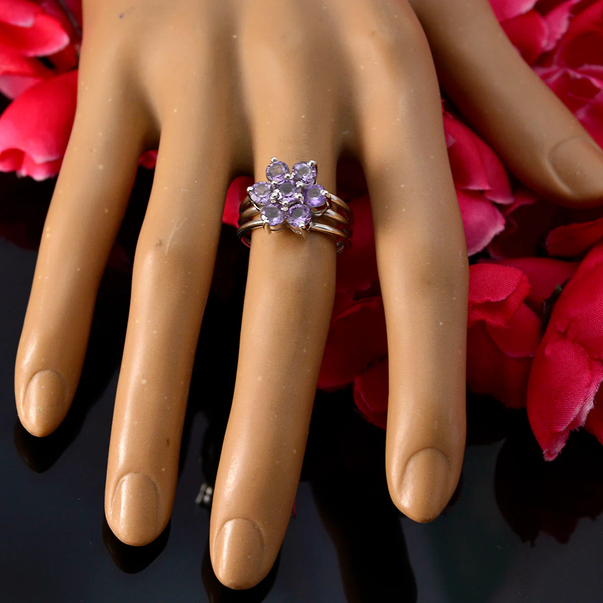 Amethyst Hepta Egyptian 925 Sterling Silver Purple Gemstone Minimal Floral Ring Jewellery - Image 3