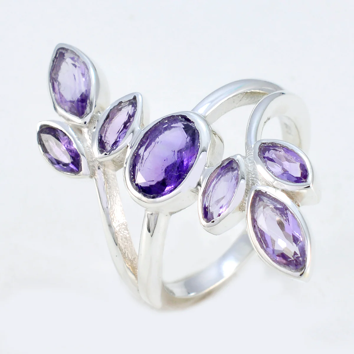 Amethyst Hepta Indian Sterling Silver Purple Gemstone Classic Leafy Ring Jewellery - Image 2