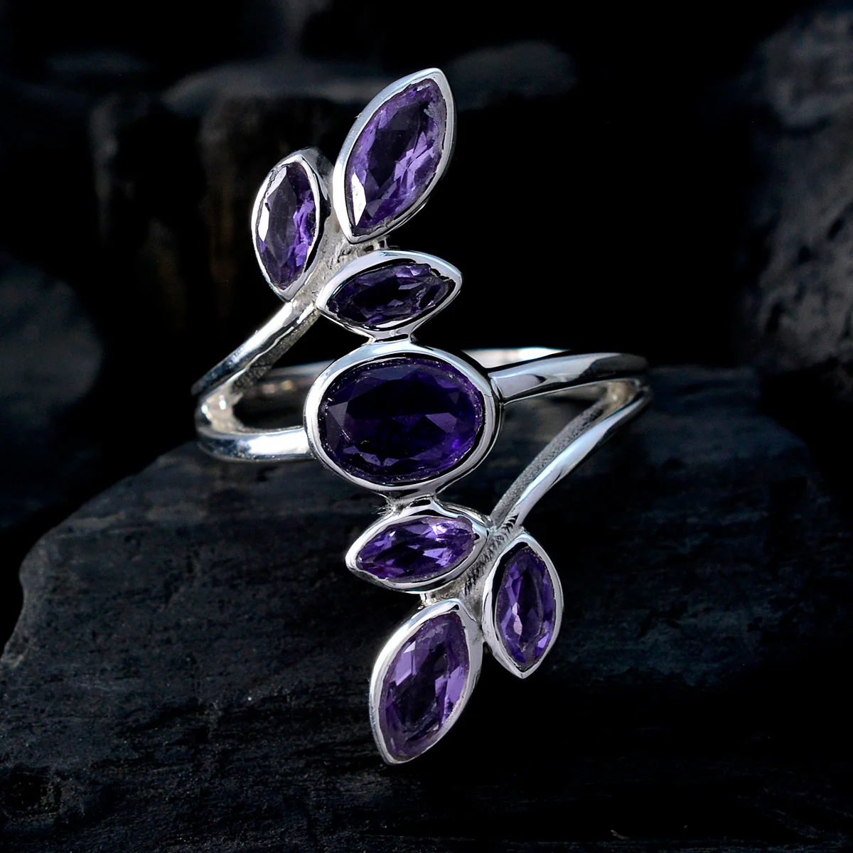 Amethyst Hepta Indian Sterling Silver Purple Gemstone Classic Leafy Ring Jewellery - Image 4