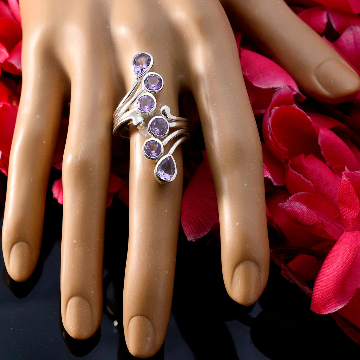 Amethyst Hexa African Silver Purple Gems Versatile Trendy Ring Jewelry - Image 5