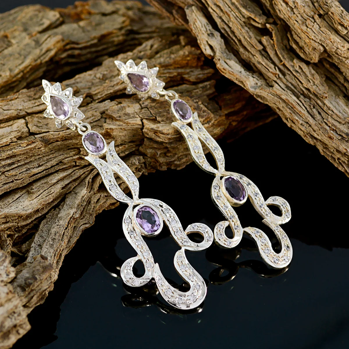 Amethyst Indian Aisha multiple Stud Purple Silver Earring - Image 3