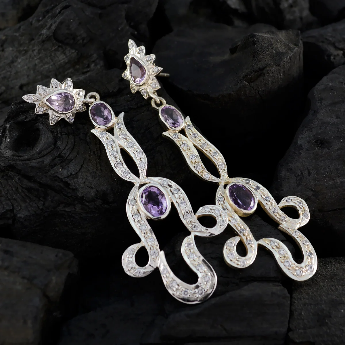 Amethyst Indian Aisha multiple Stud Purple Silver Earring - Image 4