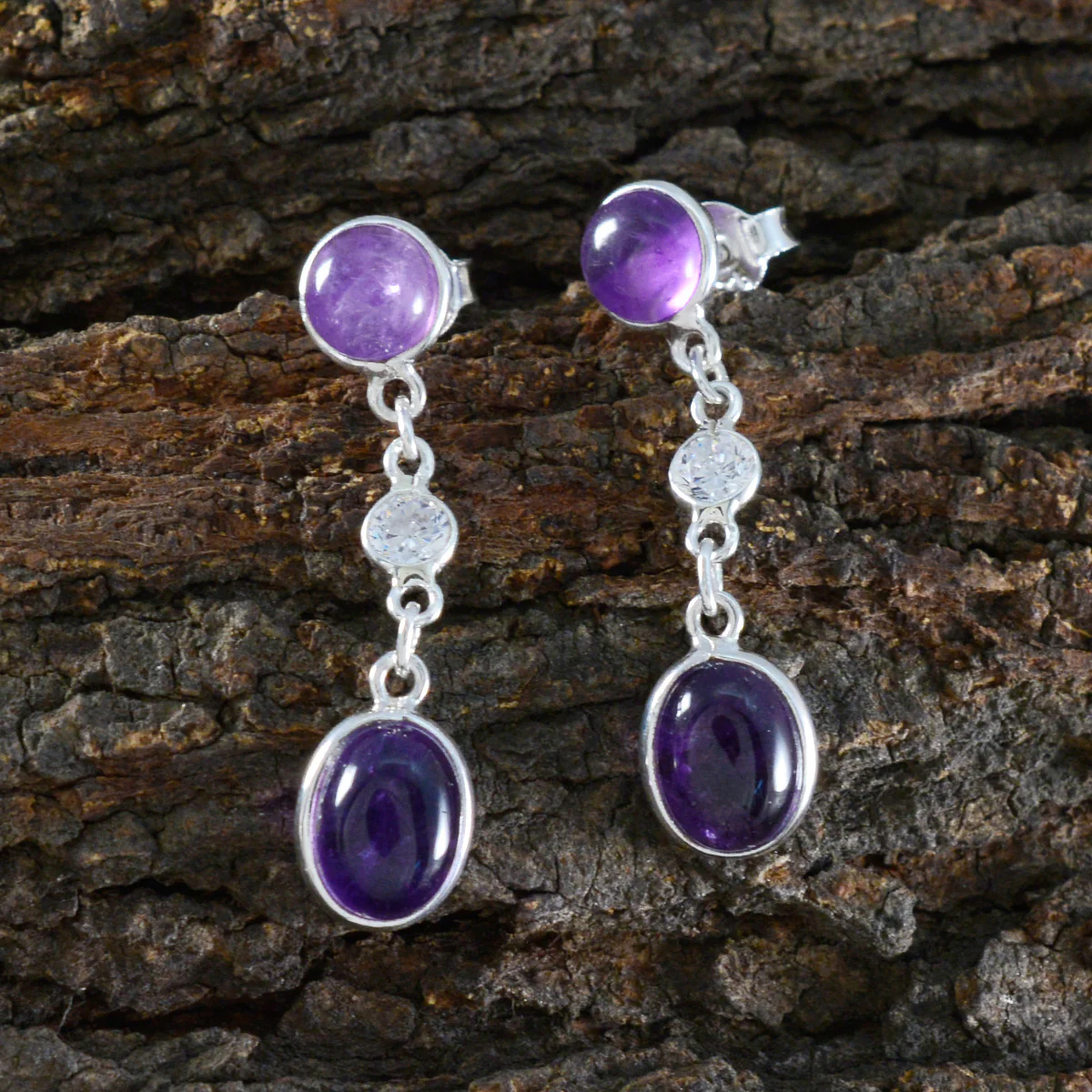 Amethyst Mexican Ling multiple stud Purple Silver Earring - Image 3