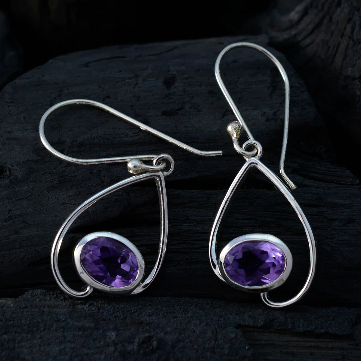 Amethyst Middle Eastern Luna Solitaire Dangle Purple Silver Earring - Image 2