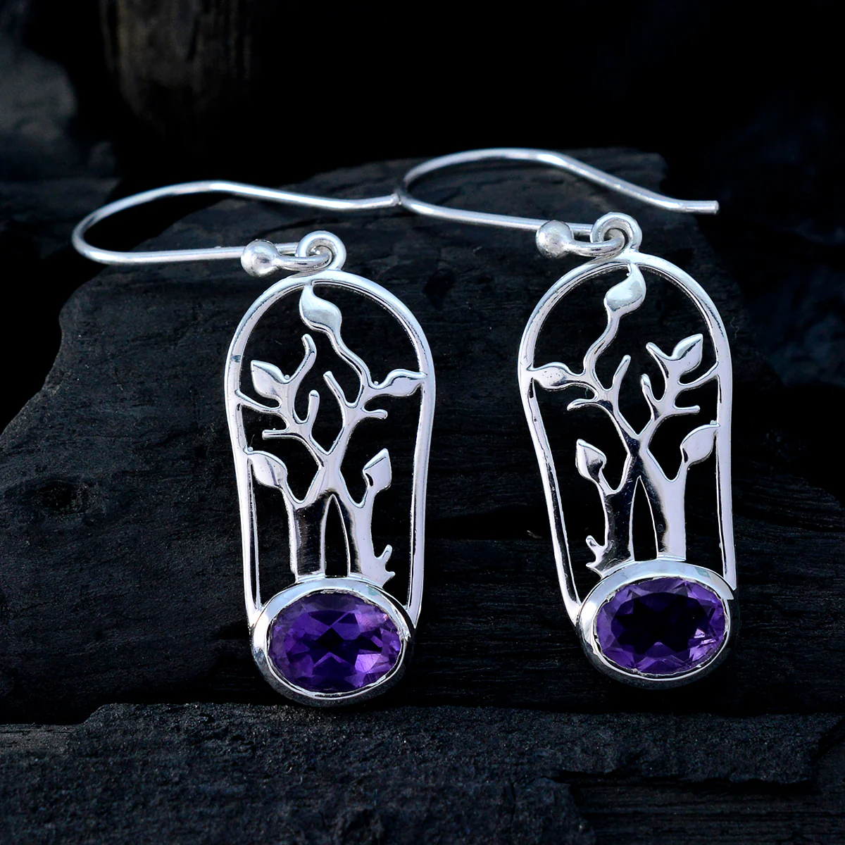 Amethyst Moroccan Olivia Solitaire Dangle Purple 92.5 Silver Earring - Image 2