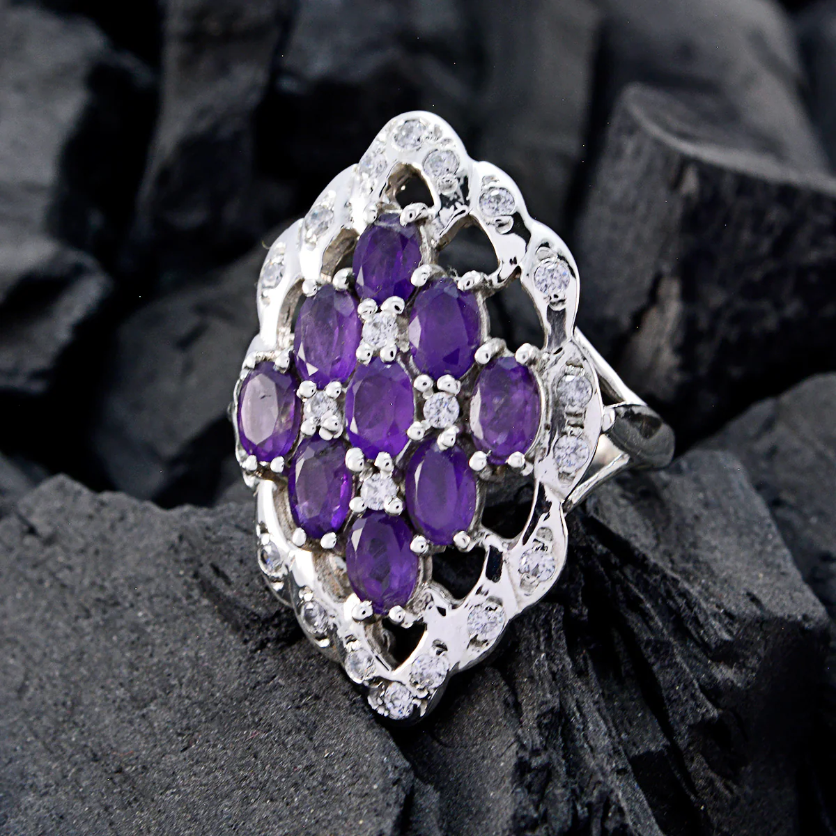 Amethyst multiple French 925 Sterling Silver Purple Gemstones Statement Artisan Ring Jewellery - Image 3
