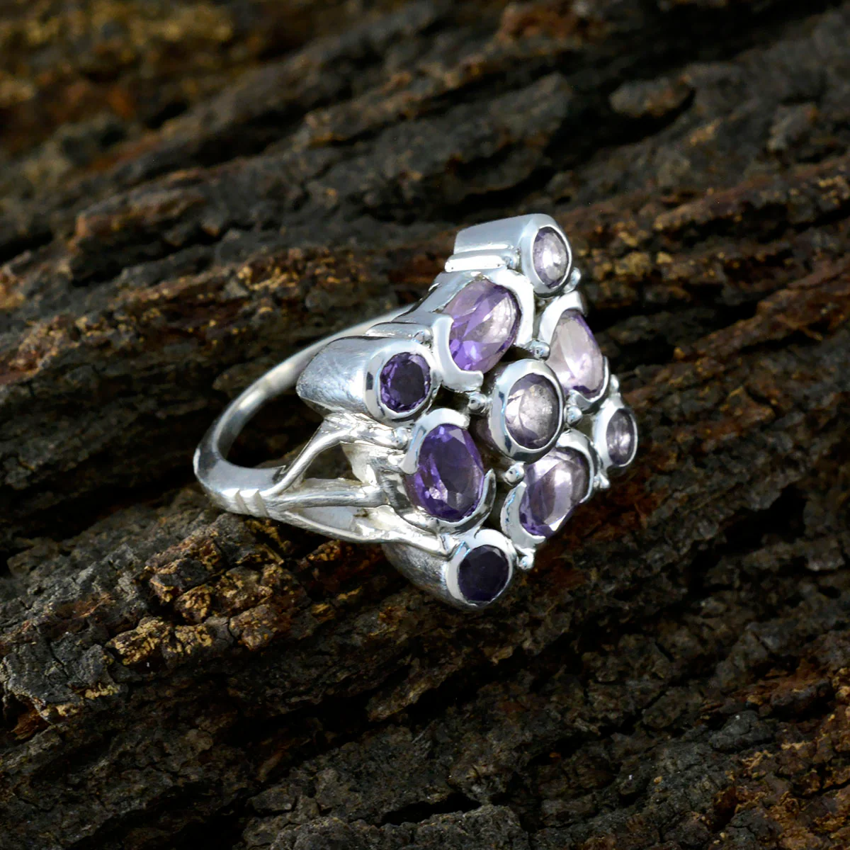 Amethyst Navratna French Silver Purple Gems Chunky Armor Ring Jewelry - Image 3