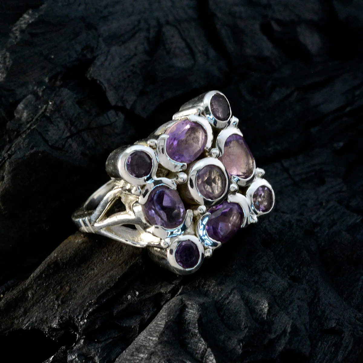 Amethyst Navratna French Silver Purple Gems Chunky Armor Ring Jewelry - Image 4