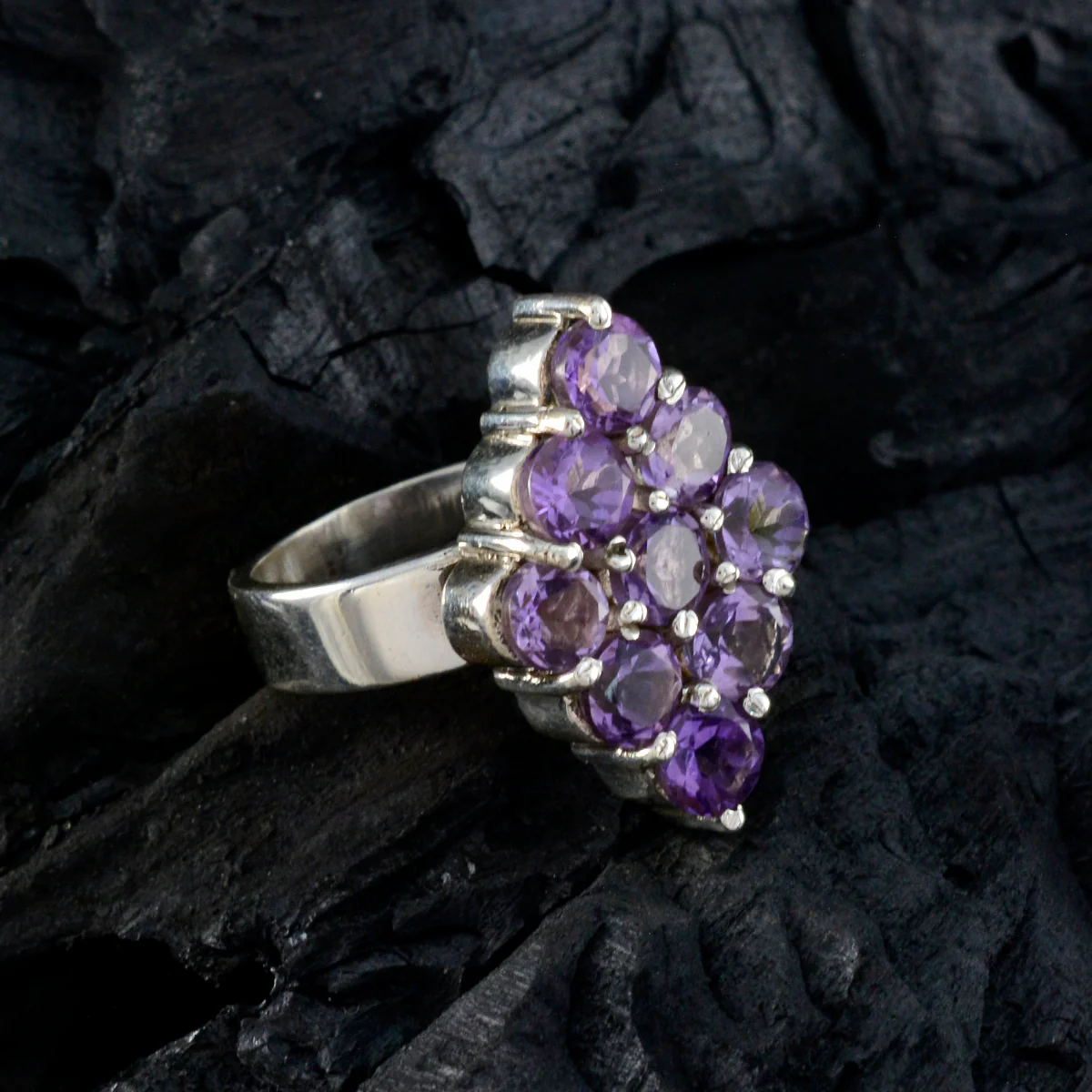 Amethyst Navratna French Sterling Silver Purple Gemstones Edgy Contemporary Ring Jewellery - Image 4