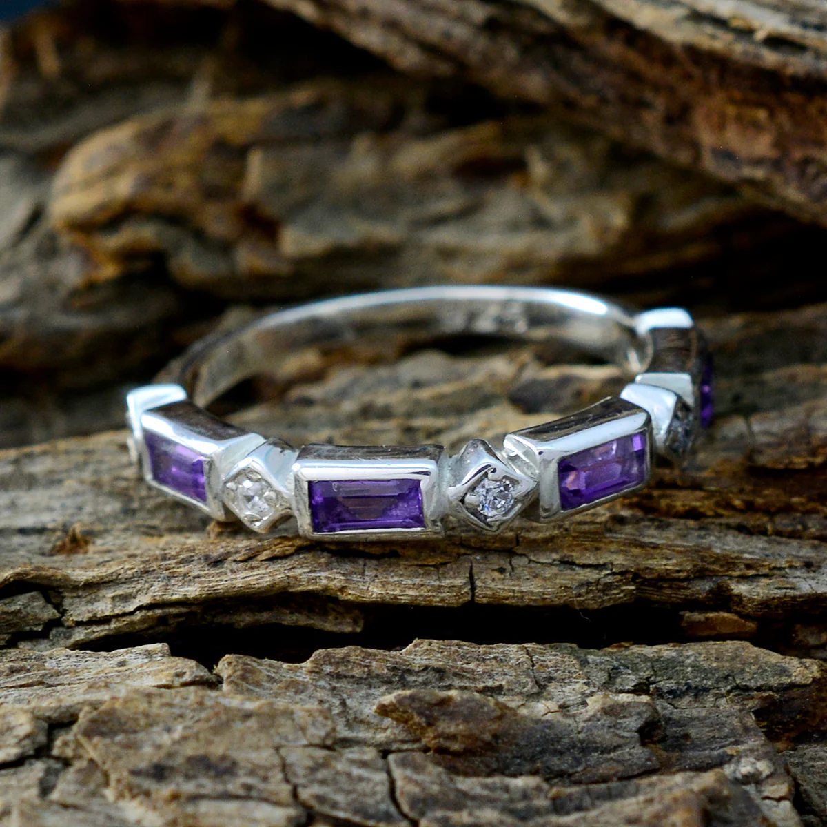 Amethyst quarter Korean 925 Sterling Silver Purple Gems Dainty Trendy Band Jewelry - Image 3