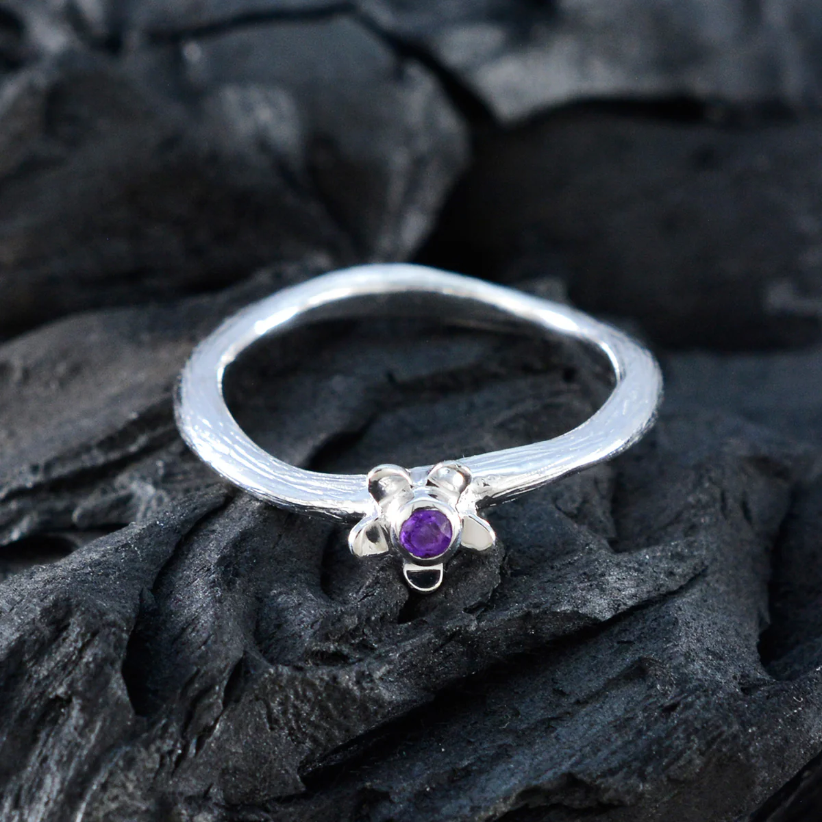 Amethyst Solitaire American Sterling Silver Purple Gems Delicate Abstract Ring Jewelry - Image 5