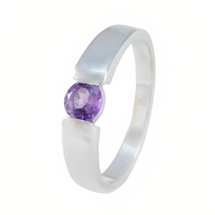 Amethyst Solitaire French 92.5 Silver Purple Gemstone Slim Romantic Ring Jewelry - Image 2