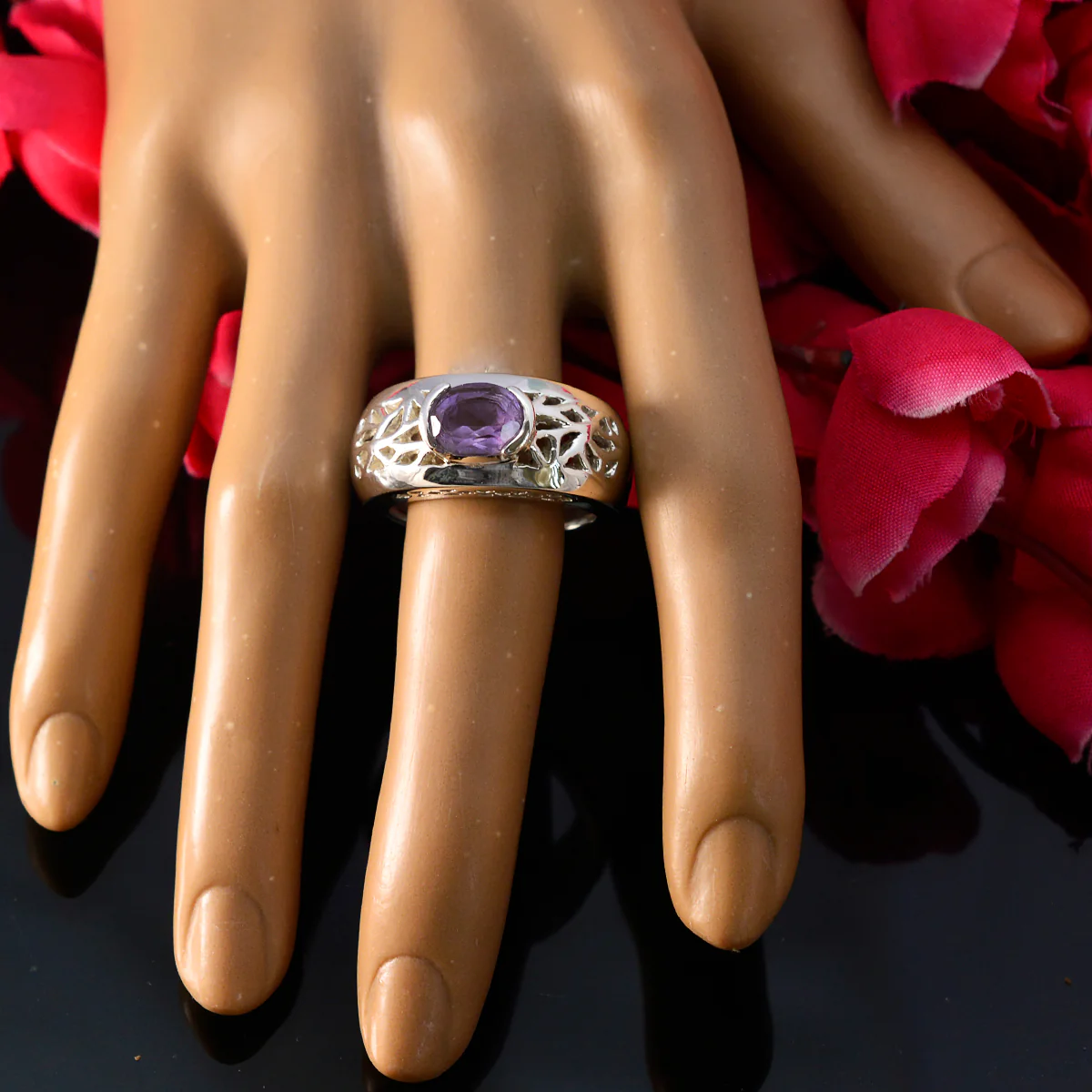 Amethyst Solitaire German 925 Silver Purple Gemstone Chunky Filigree Ring Jewelry - Image 5