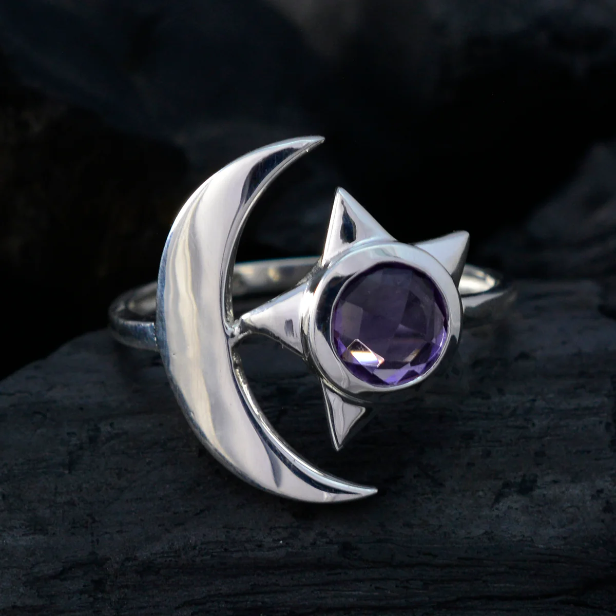 Amethyst Solitaire German 925 Sterling Silver Purple Gems Featherlight Moon & Star Ring Jewelry - Image 3