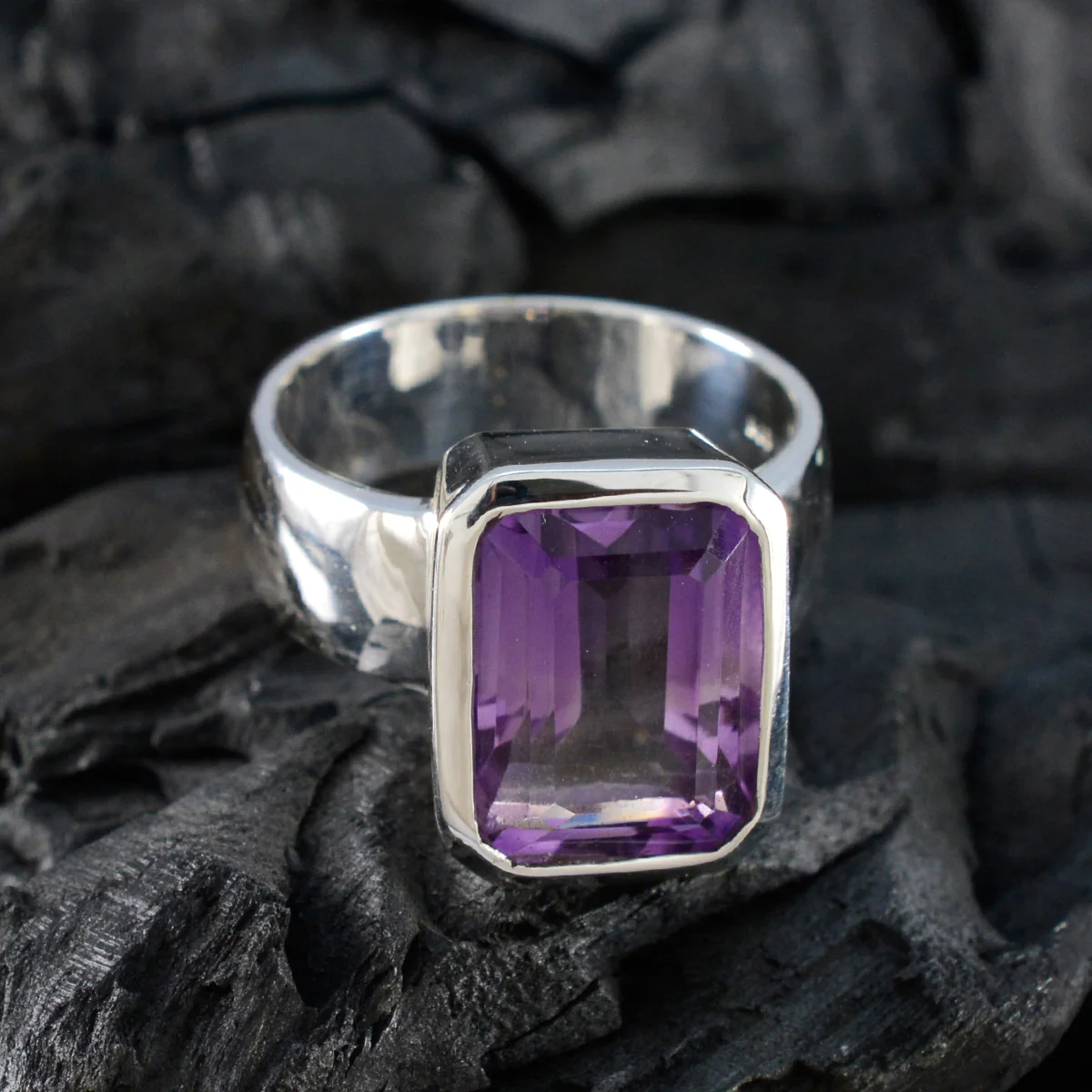 Amethyst Solitaire Italian Silver Purple Gems Edgy Contemporary Ring Jewelry - Image 4