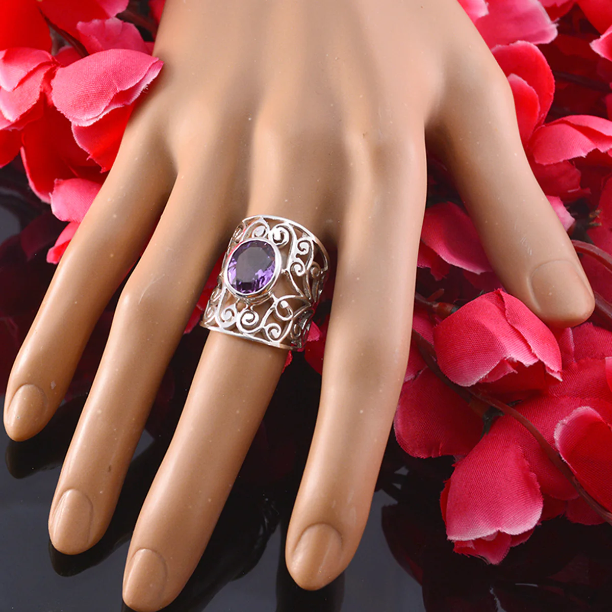 Amethyst Solitaire Latin American Silver Purple Gemstone Eye-catching Filigree Ring Jewelry - Image 6