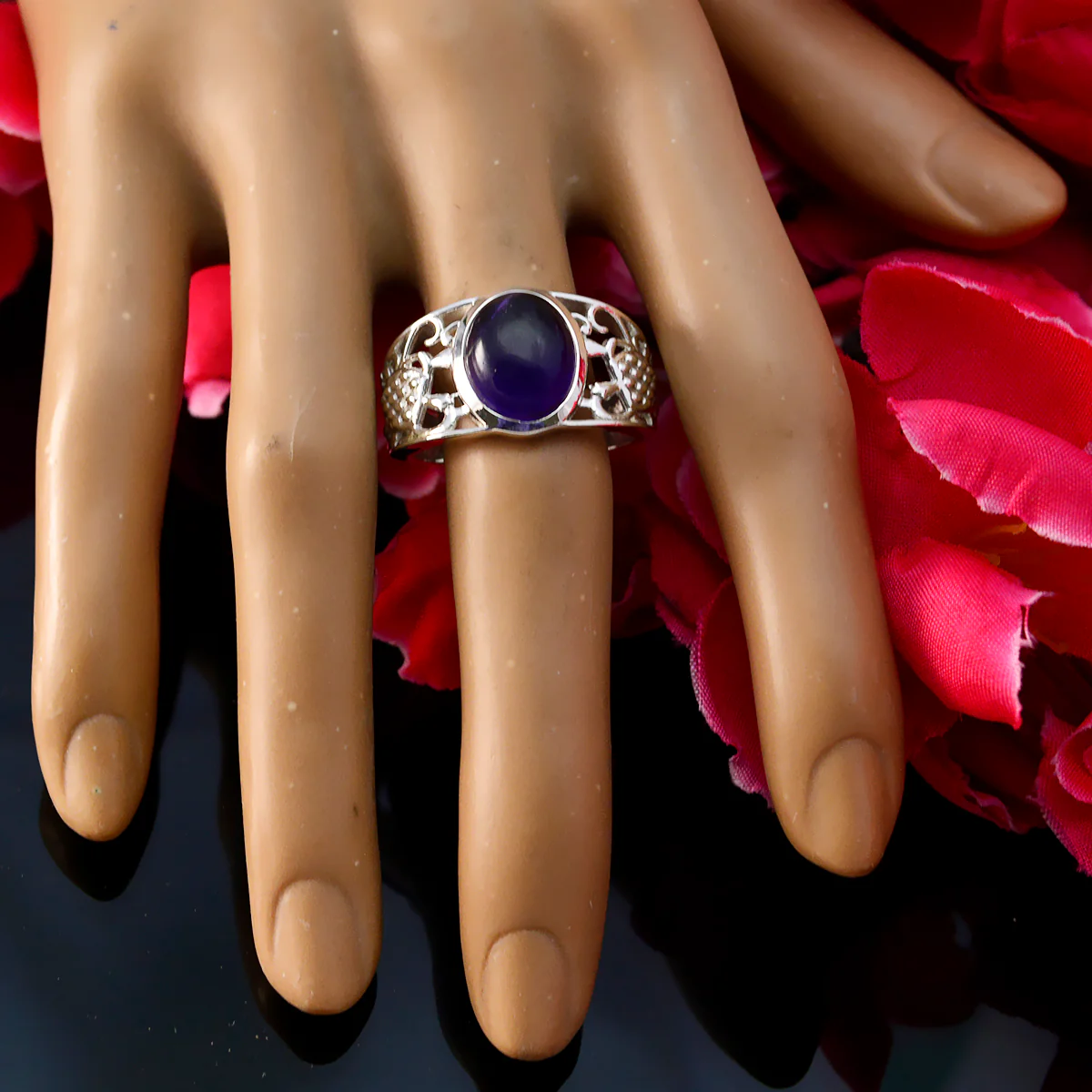Amethyst Solitaire Middle Eastern Silver Purple Gemstones Mid-weight Filigree Ring Jewelry - Image 5
