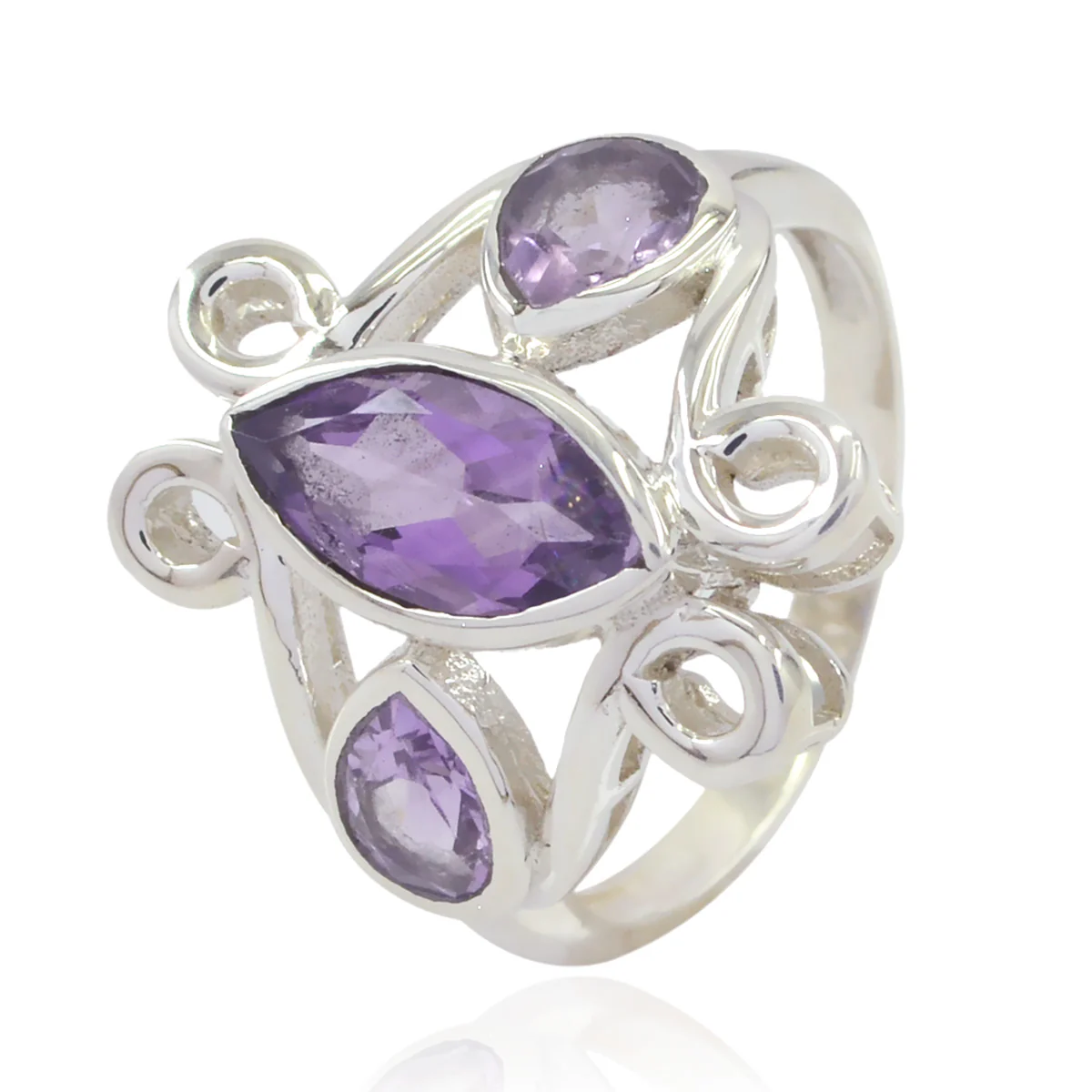 Amethyst Trilogy African Silver Purple Gemstones Slim Cultural Ring Jewellery - Image 3