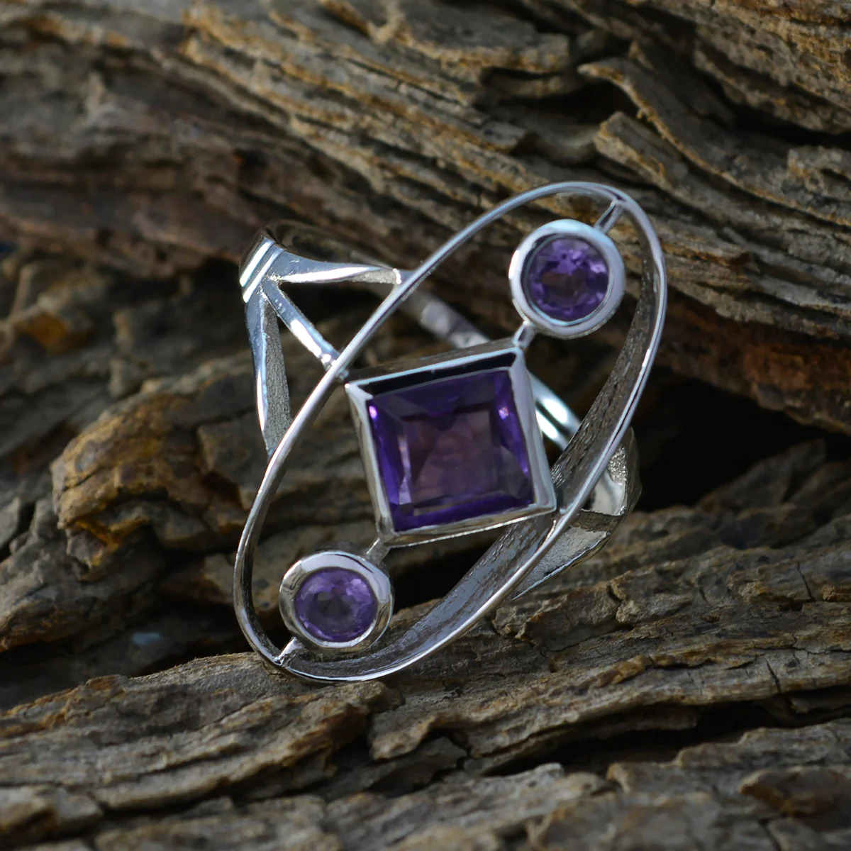 Amethyst Trilogy Egyptian Sterling Silver Purple Gems Slim Romantic Ring Jewellery - Image 3