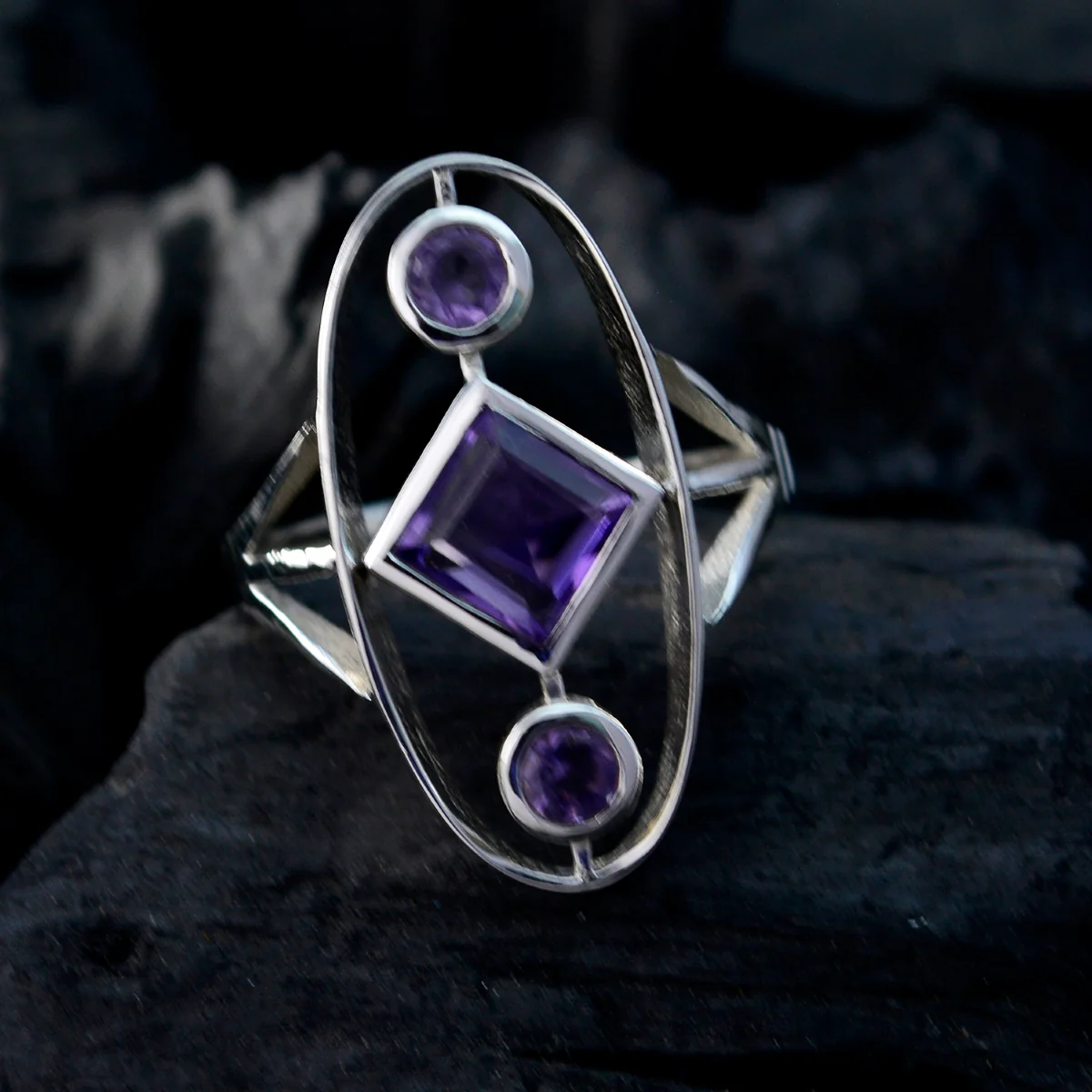 Amethyst Trilogy Egyptian Sterling Silver Purple Gems Slim Romantic Ring Jewellery - Image 4