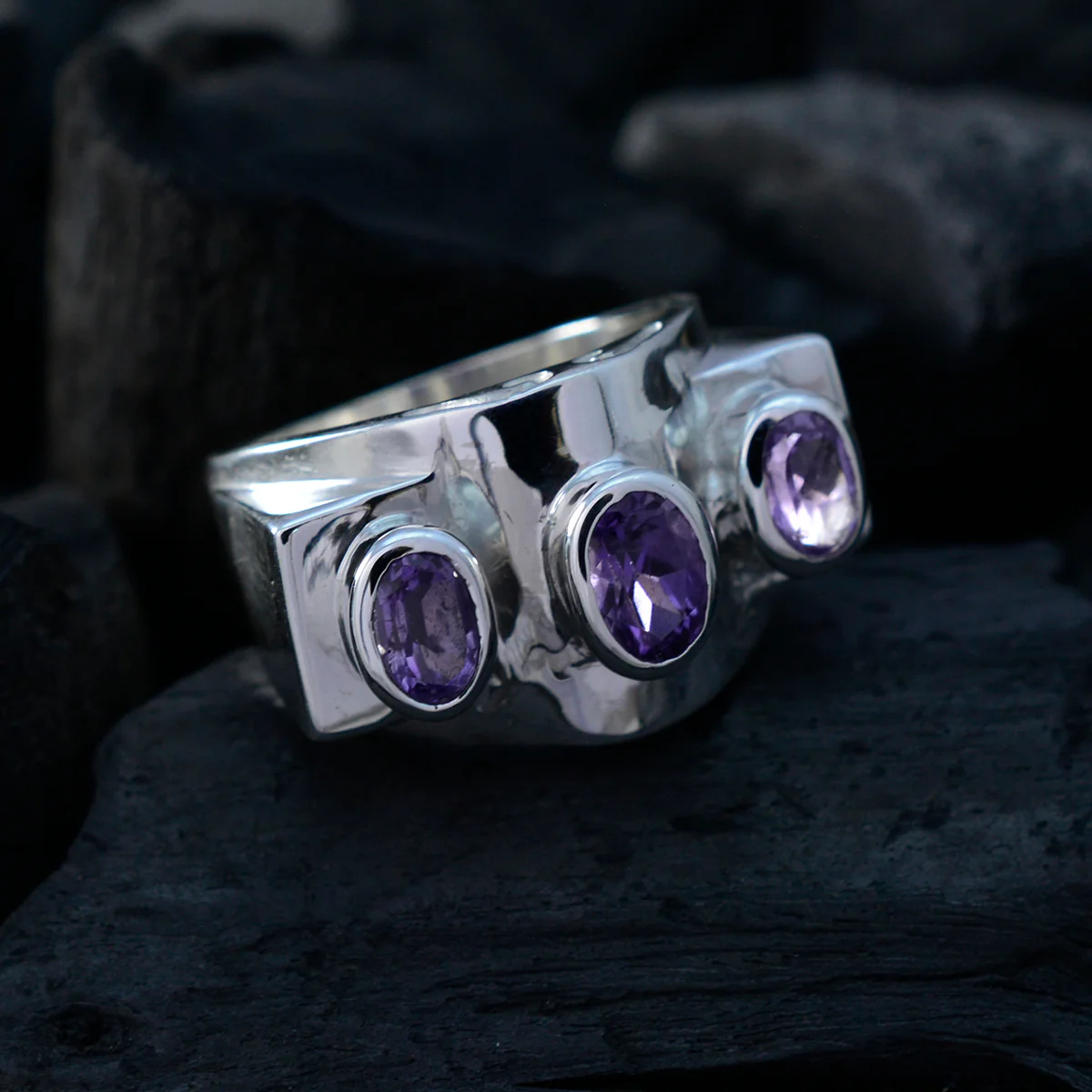 Amethyst Trilogy German 925 Sterling Silver Purple Gems Essential  Trendy Ring Jewelry - Image 4