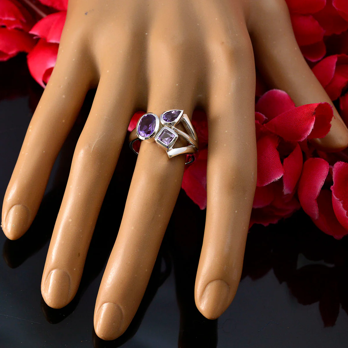 Amethyst Trilogy Moroccan 925 Silver Purple Gemstones Mid-weight Romantic Ring Jewellery - Image 6