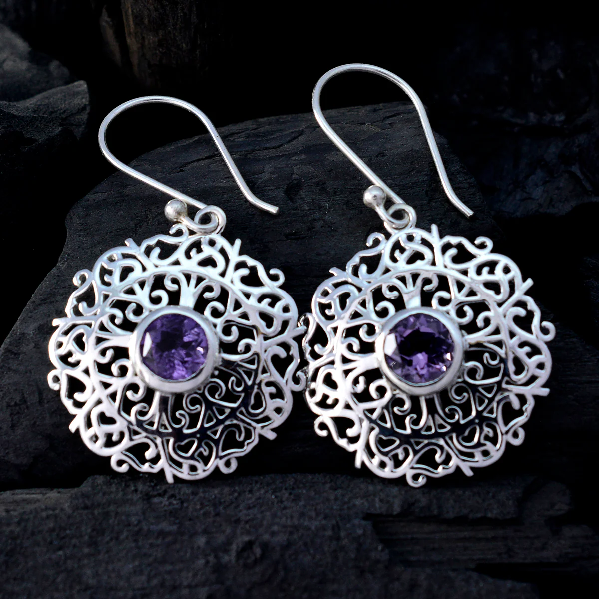 Amethyst Turkish Lucy Solitaire Dangle Purple 925 Silver Earring - Image 2