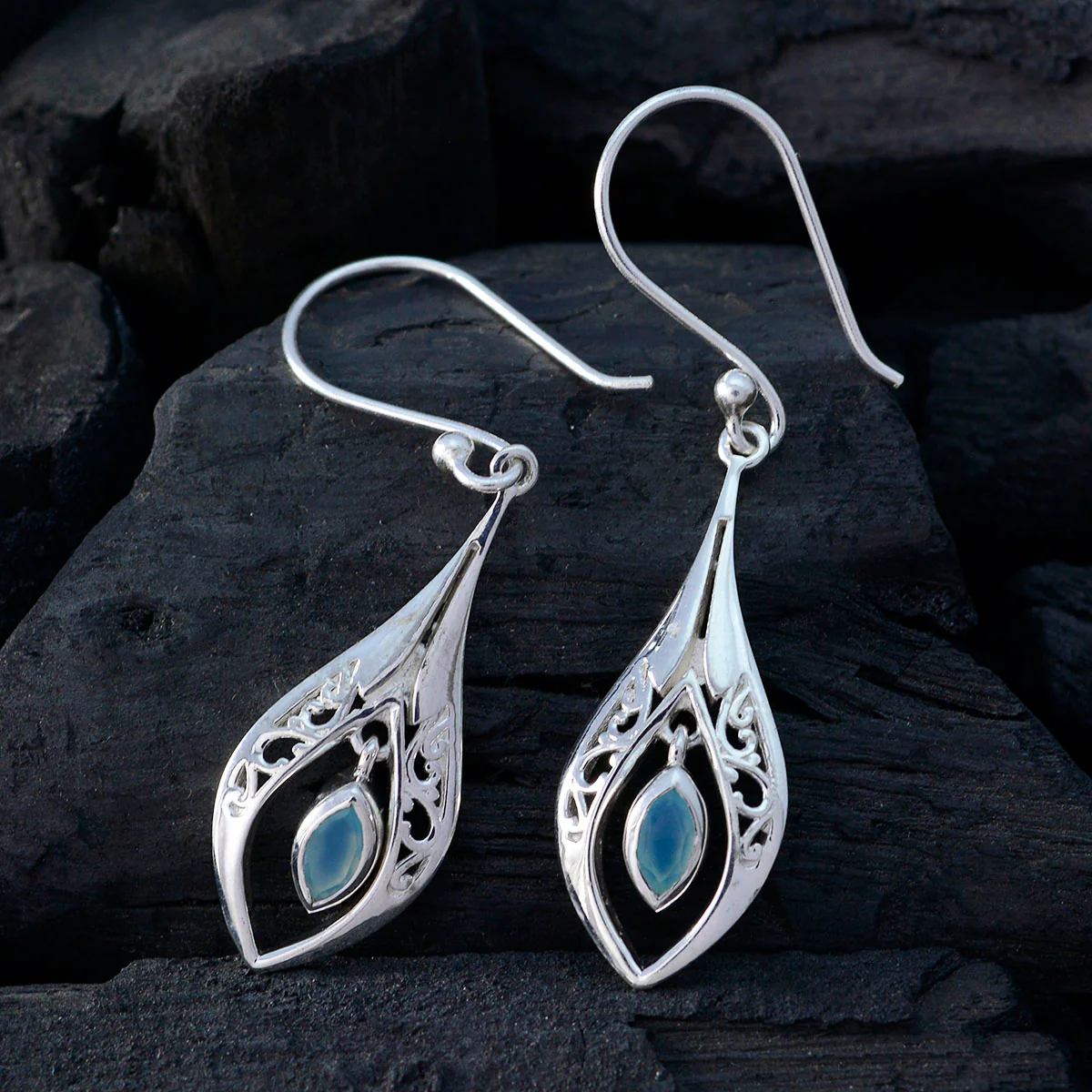 Aqua Chalcedony Korean Victoria Solitaire Dangle Green Sterling Silver Earring - Image 3