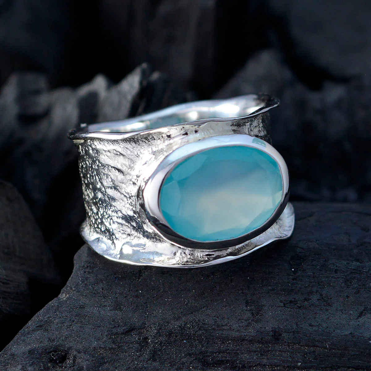 Aqua Chalcedony Solitaire German 92.5 Silver Green Gemstones Edgy Oversized Band Jewellery - Image 4