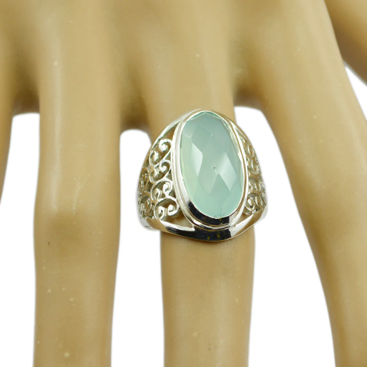 Aqua Chalcedony Solitaire Italian Silver Green Gems Mid-weight Filigree Ring Jewellery - Image 2