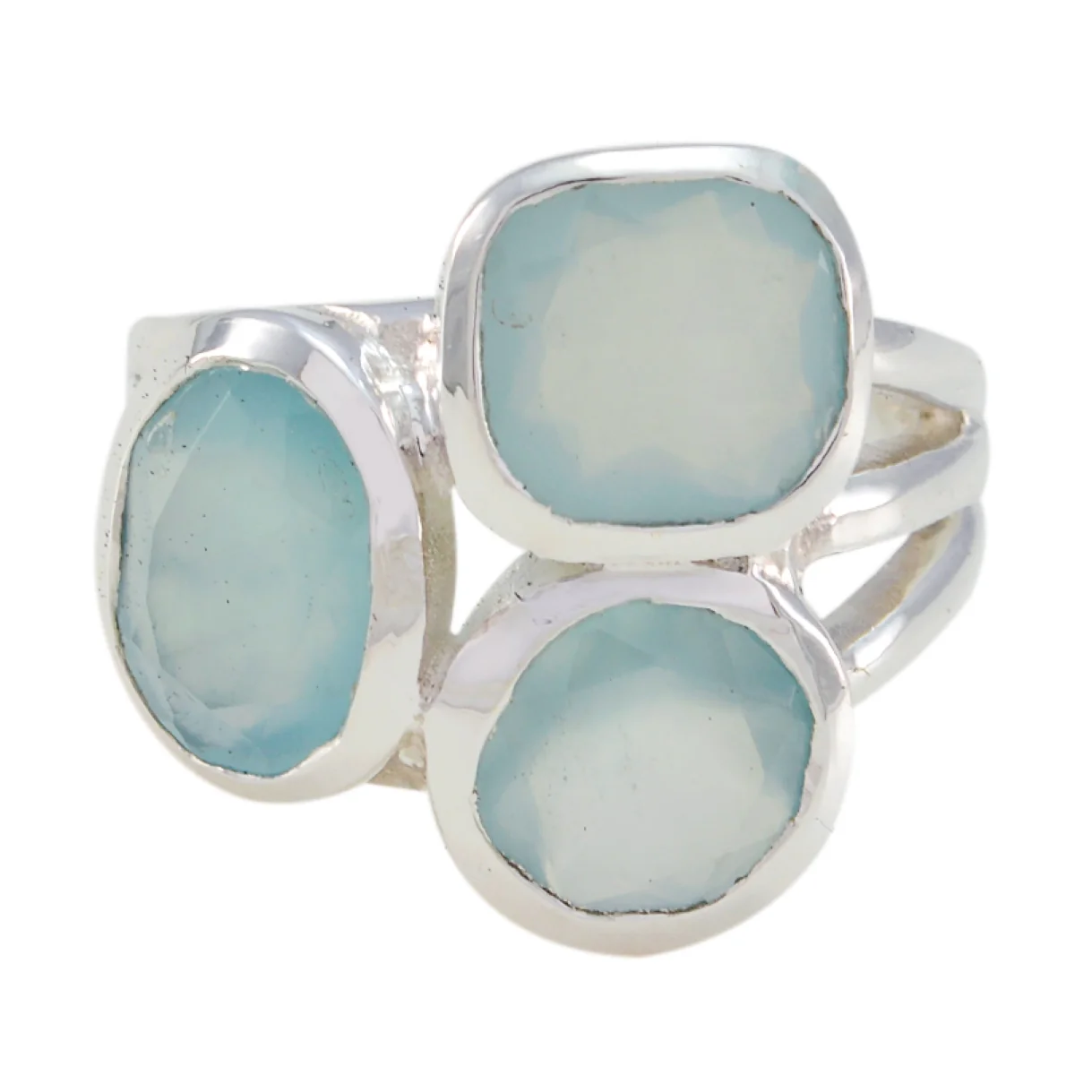Aqua Chalcedony Trilogy French 92.5 Silver Green Gemstones Mid-weight Glamorous Ring Jewellery